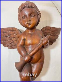 Antique 1800's hand carved wood religious winged cherub cupid sculpture statue