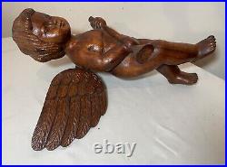 Antique 1800's hand carved wood religious winged cherub cupid sculpture statue