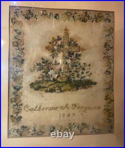 Antique 1800's hand embroidered needlepoint sampler religious cross memorial art