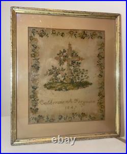 Antique 1800's hand embroidered needlepoint sampler religious cross memorial art