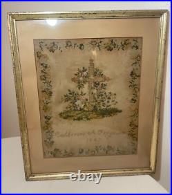 Antique 1800's hand embroidered needlepoint sampler religious cross memorial art