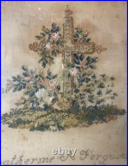 Antique 1800's hand embroidered needlepoint sampler religious cross memorial art