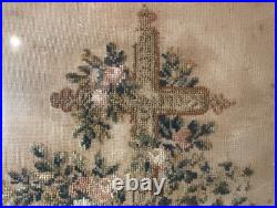Antique 1800's hand embroidered needlepoint sampler religious cross memorial art
