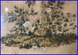 Antique 1800's hand embroidered needlepoint sampler religious cross memorial art