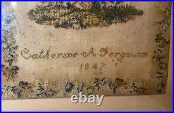 Antique 1800's hand embroidered needlepoint sampler religious cross memorial art