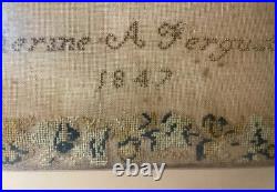 Antique 1800's hand embroidered needlepoint sampler religious cross memorial art
