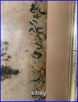 Antique 1800's hand embroidered needlepoint sampler religious cross memorial art