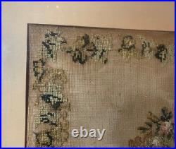 Antique 1800's hand embroidered needlepoint sampler religious cross memorial art