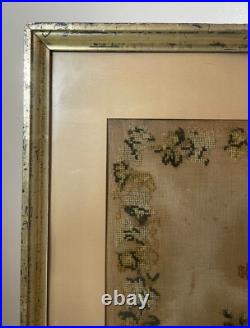 Antique 1800's hand embroidered needlepoint sampler religious cross memorial art