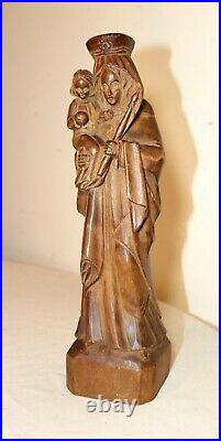 Antique 1800's religious hand carved wood Mary Madonna Jesus sculpture statue