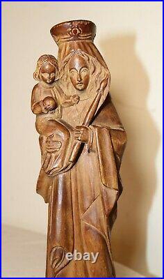 Antique 1800's religious hand carved wood Mary Madonna Jesus sculpture statue