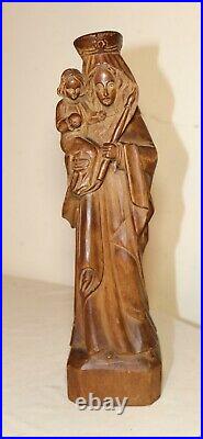 Antique 1800's religious hand carved wood Mary Madonna Jesus sculpture statue