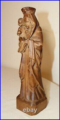 Antique 1800's religious hand carved wood Mary Madonna Jesus sculpture statue