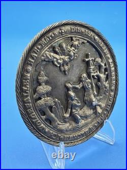 Antique 1800s German Baptismal Plaque Silver Cherub Matthew 3 Religious Medal