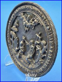 Antique 1800s German Baptismal Plaque Silver Cherub Matthew 3 Religious Medal