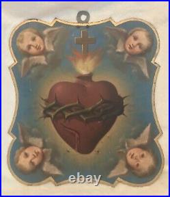 Antique 1800s Italian RELIGIOUS ANGEL SACRED HEART PAINTING on Metal Plaque 13T