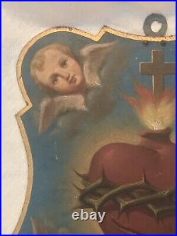 Antique 1800s Italian RELIGIOUS ANGEL SACRED HEART PAINTING on Metal Plaque 13T