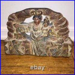 Antique 1800s Italian Wood Carving Religious Relief Madonna Child Figures Plaque