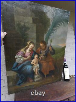 Antique 1800s Oil canvas Holy family painting mary joseph jesus rare religious