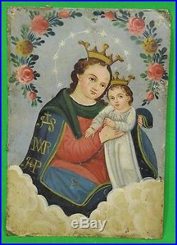 Antique 1800s Our Lady Refuge of Sinners Mexican Tin Retablo