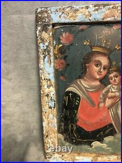 Antique 1800s Our Lady Refuge of Sinners Mexican Tin Retablo 8.75 x 12