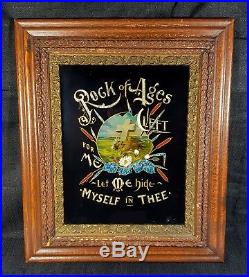 Antique 1800s Rock of Ages Tinsel/Foil Art Reverse Painting on Glass Amazing