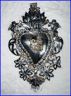 Antique 1800s SILVER ITALIAN SACRED HEART EX VOTO, Large 5.25 L, Religious