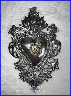 Antique 1800s SILVER ITALIAN SACRED HEART EX VOTO, Large 5.25 L, Religious