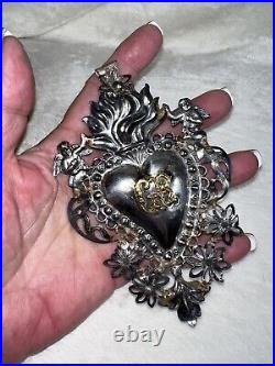 Antique 1800s SILVER ITALIAN SACRED HEART EX VOTO, Large 5.25 L, Religious