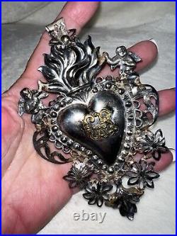 Antique 1800s SILVER ITALIAN SACRED HEART EX VOTO, Large 5.25 L, Religious