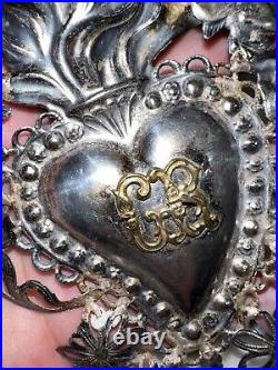 Antique 1800s SILVER ITALIAN SACRED HEART EX VOTO, Large 5.25 L, Religious