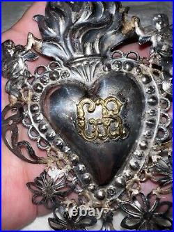 Antique 1800s SILVER ITALIAN SACRED HEART EX VOTO, Large 5.25 L, Religious