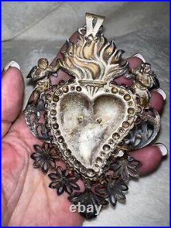 Antique 1800s SILVER ITALIAN SACRED HEART EX VOTO, Large 5.25 L, Religious