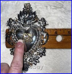 Antique 1800s SILVER ITALIAN SACRED HEART EX VOTO, Large 5.25 L, Religious