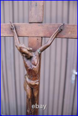 Antique 1800s Wood carved crucifix christ corpus religious