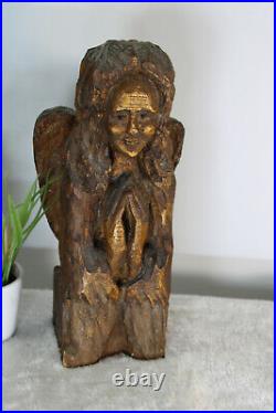 Antique 1800s Wood carved religious praying angel figurine statue