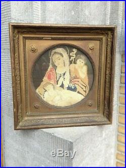 Antique 1829 Catholic Religious Embroidered Madonna With Child Jesus Wall Plaque