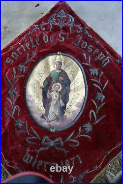 Antique 1871 French religious procession BAnner flag saint joseph