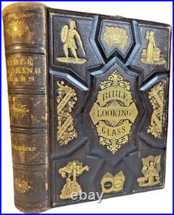 Antique 1874 Bible Looking Glass Illustrated Religious Emblems Leather Gilt AEG