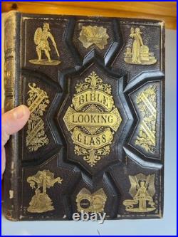 Antique 1874 Bible Looking Glass Illustrated Religious Emblems Leather Gilt AEG
