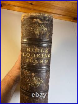Antique 1874 Bible Looking Glass Illustrated Religious Emblems Leather Gilt AEG