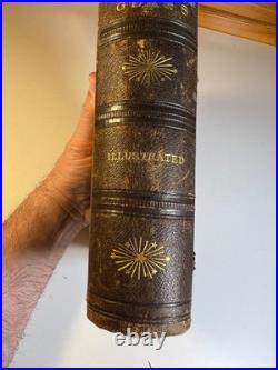Antique 1874 Bible Looking Glass Illustrated Religious Emblems Leather Gilt AEG