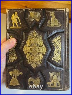 Antique 1874 Bible Looking Glass Illustrated Religious Emblems Leather Gilt AEG