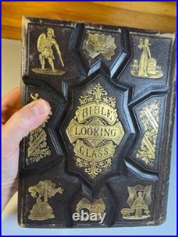Antique 1874 Bible Looking Glass Illustrated Religious Emblems Leather Gilt AEG