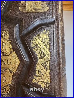 Antique 1874 Bible Looking Glass Illustrated Religious Emblems Leather Gilt AEG