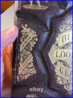 Antique 1874 Bible Looking Glass Illustrated Religious Emblems Leather Gilt AEG
