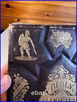 Antique 1874 Bible Looking Glass Illustrated Religious Emblems Leather Gilt AEG