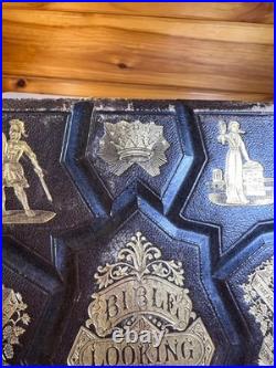Antique 1874 Bible Looking Glass Illustrated Religious Emblems Leather Gilt AEG