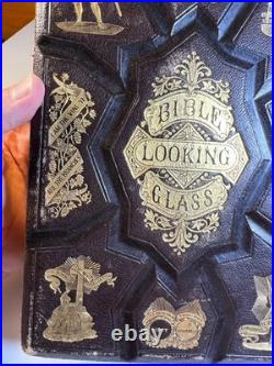 Antique 1874 Bible Looking Glass Illustrated Religious Emblems Leather Gilt AEG