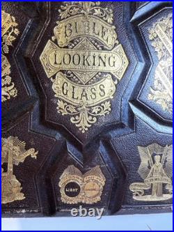 Antique 1874 Bible Looking Glass Illustrated Religious Emblems Leather Gilt AEG